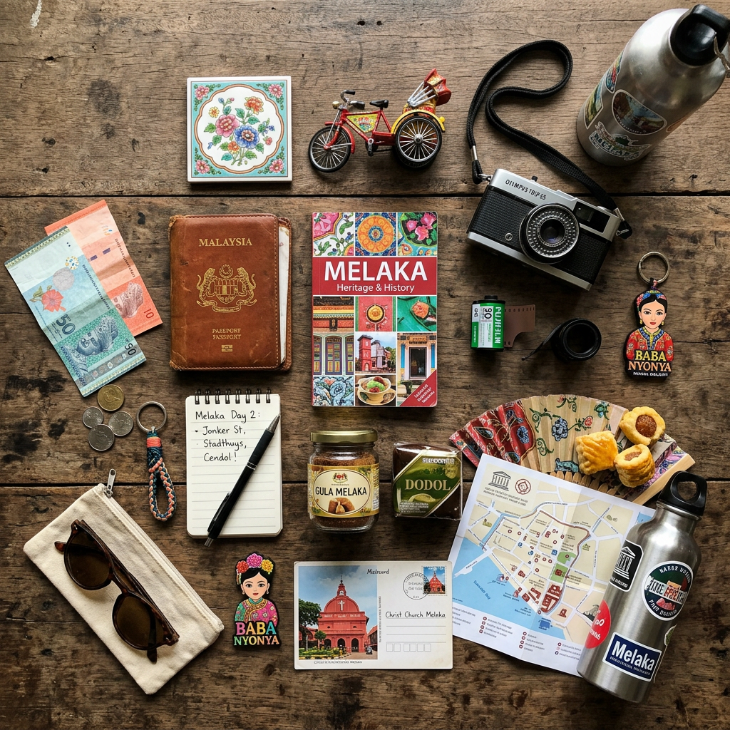 Travel items including Malaysia passport, Melaka guidebook, vintage camera, local money, souvenirs, snacks, map, and note on wooden background